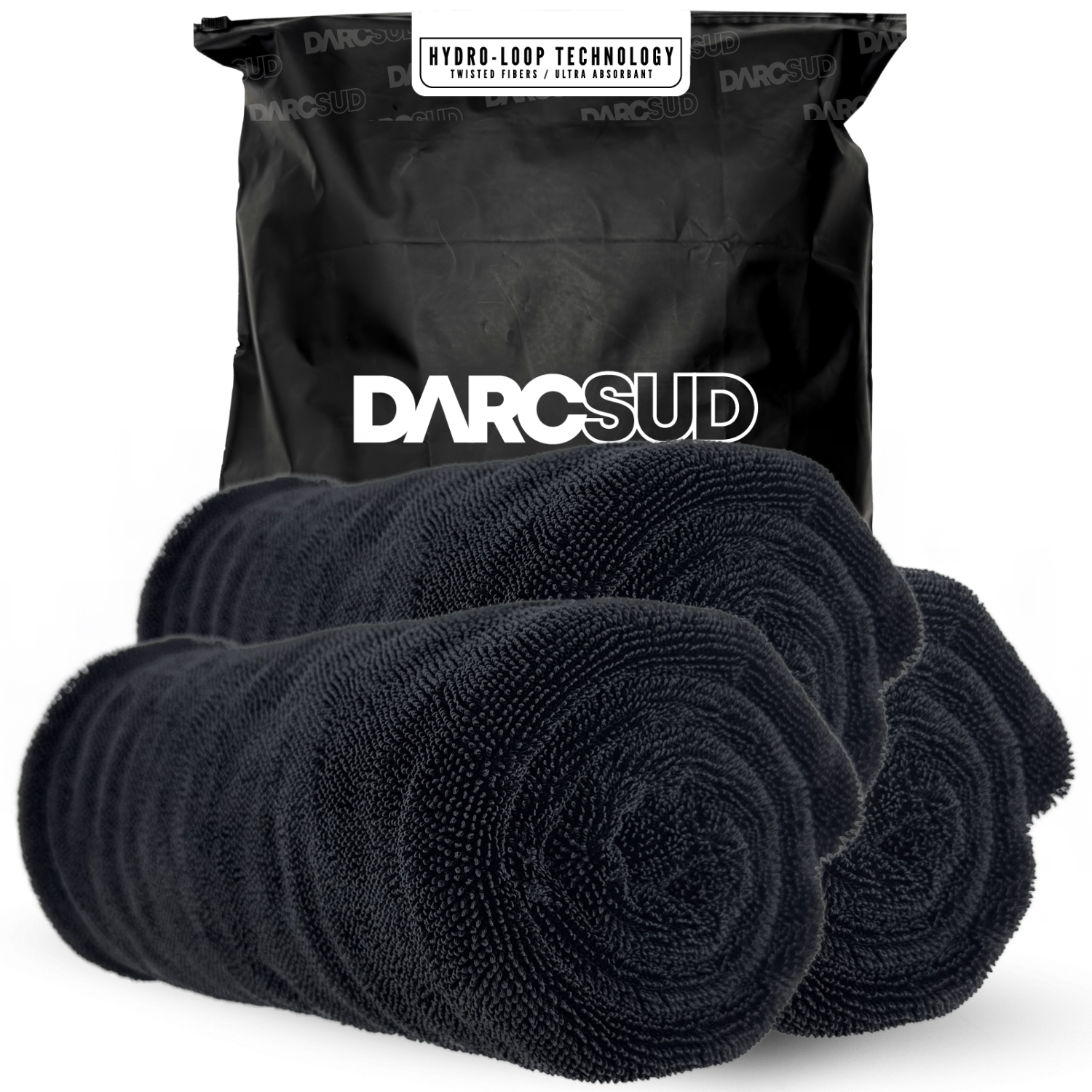 3 DARCSUD HydroLoop car drying towels 24x36 inch, 1300 GSM microfiber, rolled with branded packaging