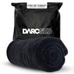 Black DARCSUD HydroLoop car drying towel, 24x36 inch, 1300 GSM twisted loop microfiber, shown rolled with branded Hydro-Loop Technology packaging