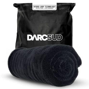 Black DARCSUD HydroLoop car drying towel, 24x36 inch, 1300 GSM twisted loop microfiber, shown rolled with branded Hydro-Loop Technology packaging