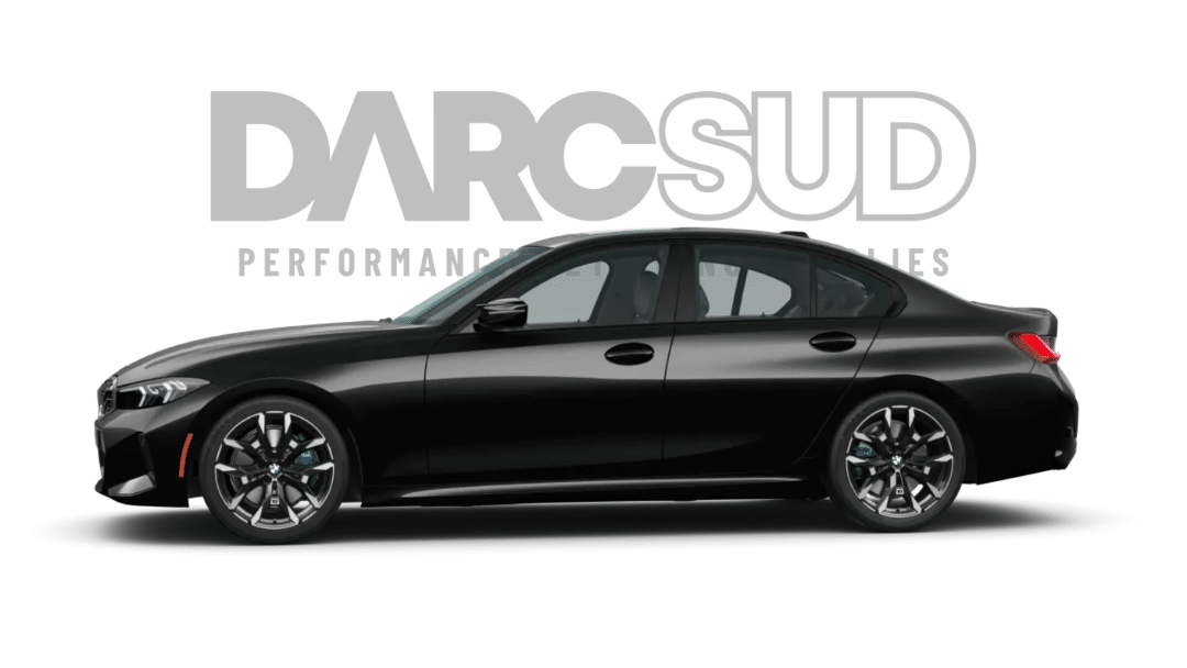 Black BMW sedan side view with DARCSUD Performance Supplies logo in background